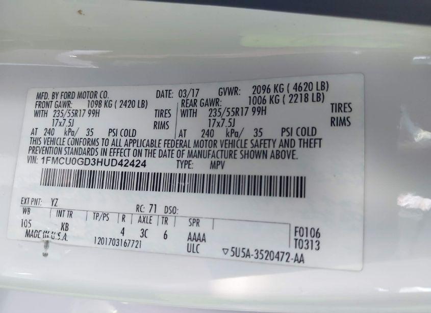 Photo 9 of 2017 Ford Escape SE (VIN 1FMCU0GD3HUD42424)