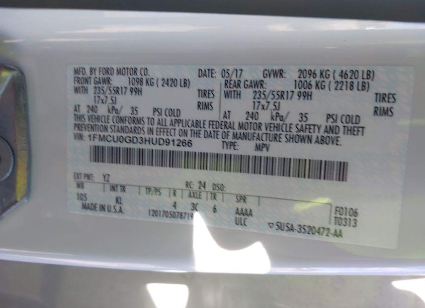 Photo 9 of 2017 Ford Escape SE (VIN 1FMCU0GD3HUD91266)