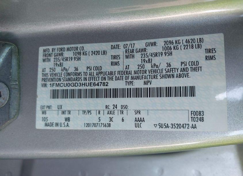 Photo 9 of 2017 Ford Escape SE (VIN 1FMCU0GD3HUE64782)