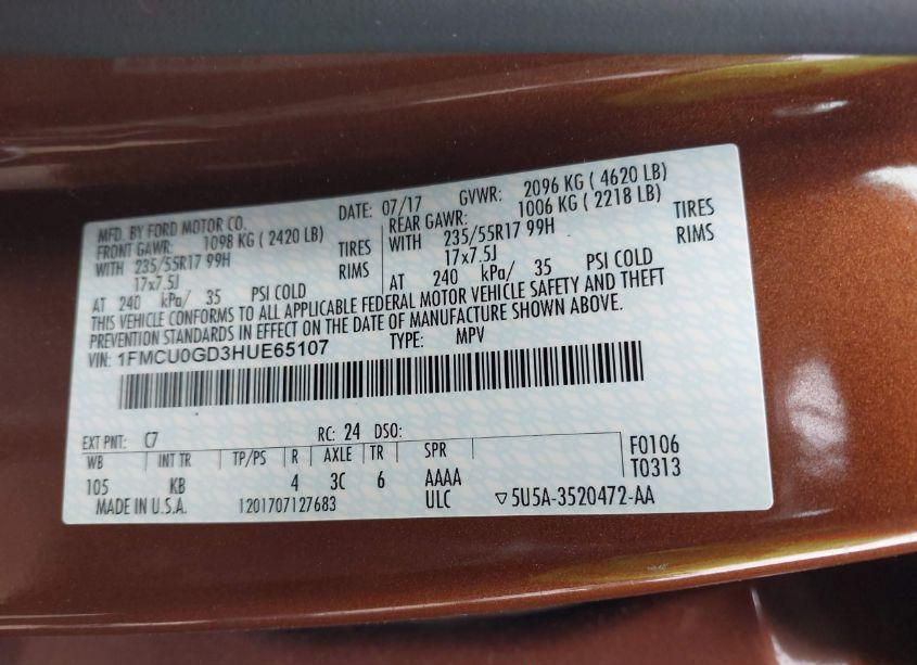 Photo 9 of 2017 Ford Escape SE (VIN 1FMCU0GD3HUE65107)