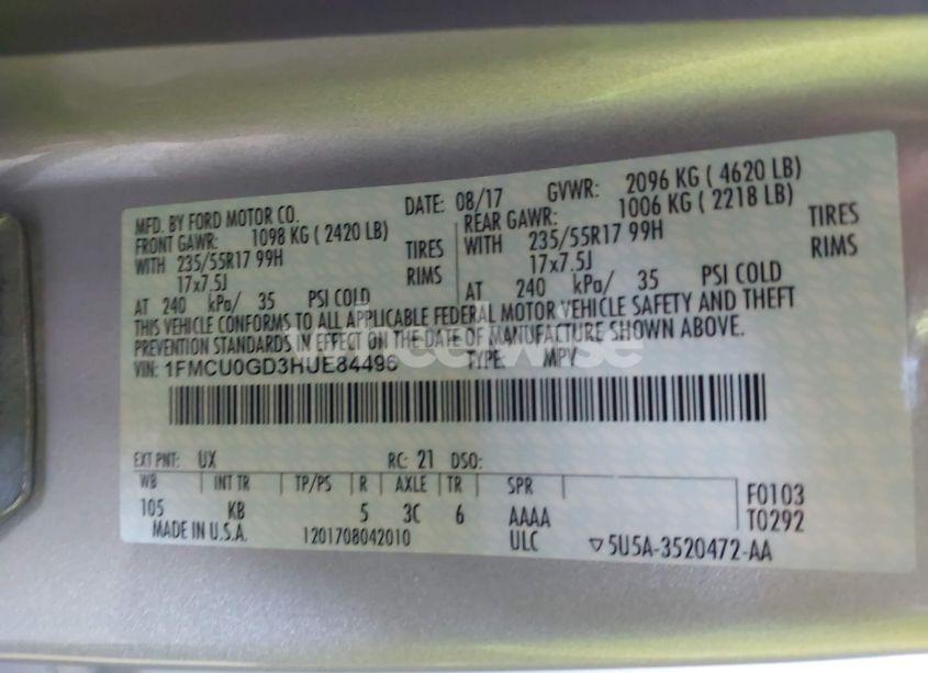 Photo 9 of 2017 Ford Escape SE (VIN 1FMCU0GD3HUE84496)