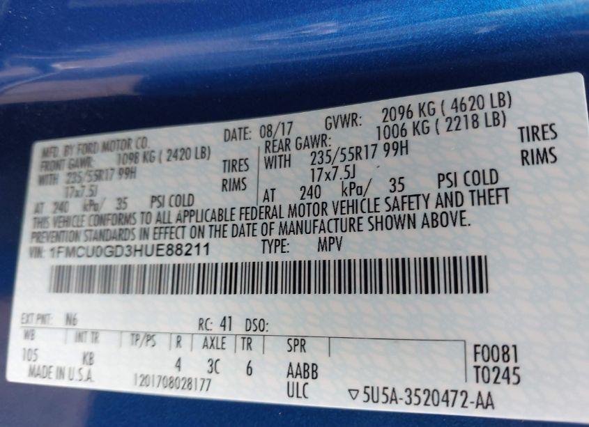 Photo 9 of 2017 Ford Escape SE (VIN 1FMCU0GD3HUE88211)