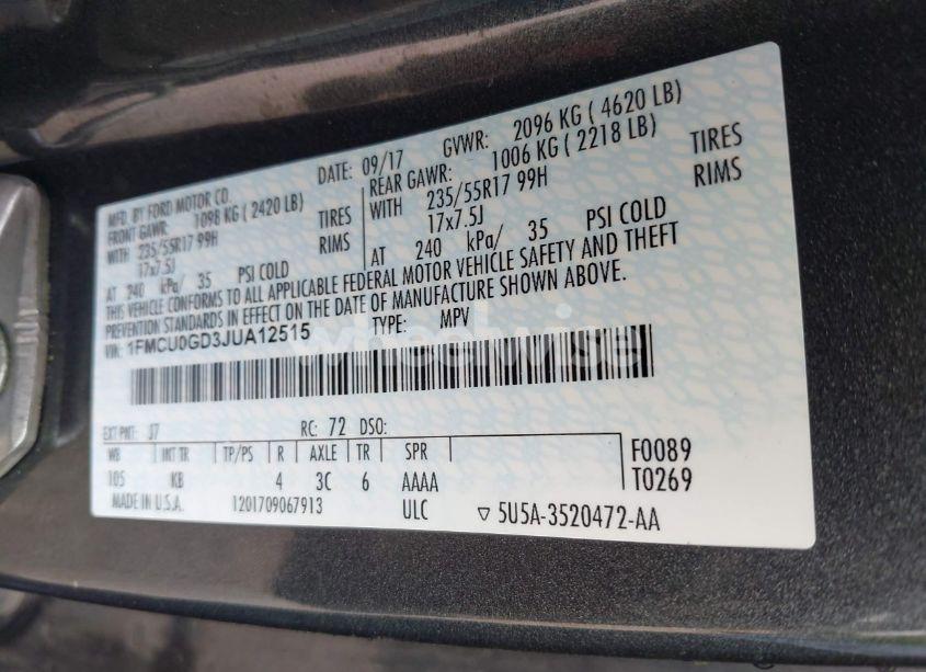 Photo 9 of 2018 Ford Escape SE (VIN 1FMCU0GD3JUA12515)