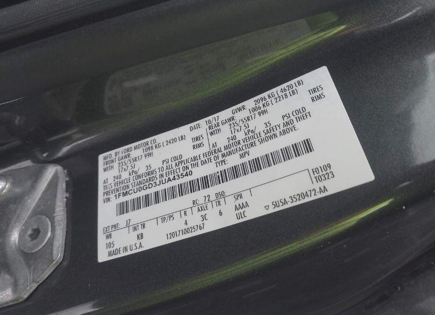 Photo 9 of 2018 Ford Escape SE (VIN 1FMCU0GD3JUA43540)