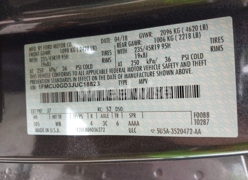 Photo 9 of 2018 Ford Escape SE (VIN 1FMCU0GD3JUC18823)