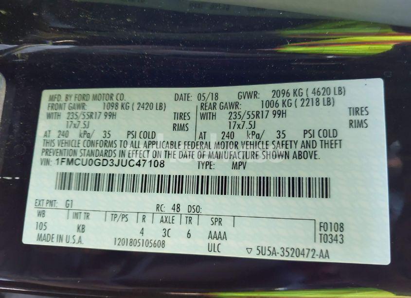 Photo 9 of 2018 Ford Escape SE (VIN 1FMCU0GD3JUC47108)