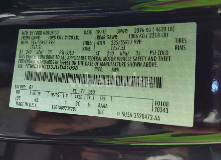 Photo 9 of 2018 Ford Escape SE (VIN 1FMCU0GD3JUD41098)