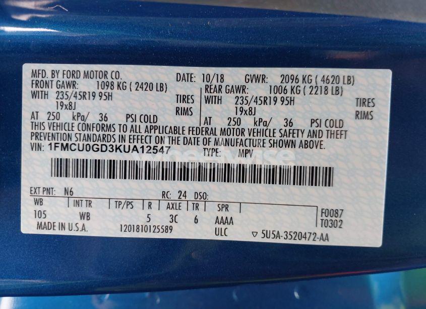 Photo 9 of 2019 Ford Escape SE (VIN 1FMCU0GD3KUA12547)