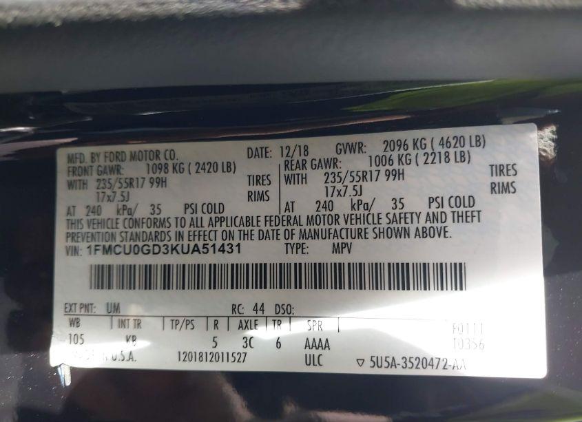 Photo 9 of 2019 Ford Escape SE (VIN 1FMCU0GD3KUA51431)