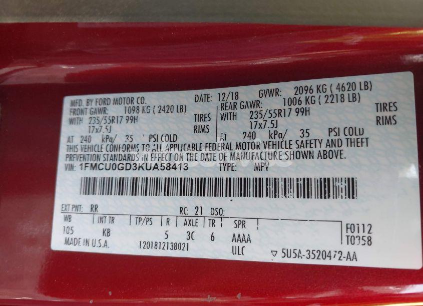 Photo 9 of 2019 Ford Escape SE (VIN 1FMCU0GD3KUA58413)