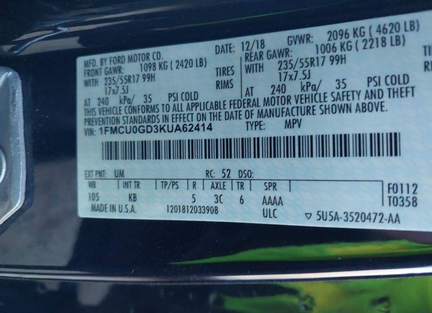 Photo 9 of 2019 Ford Escape SE (VIN 1FMCU0GD3KUA62414)