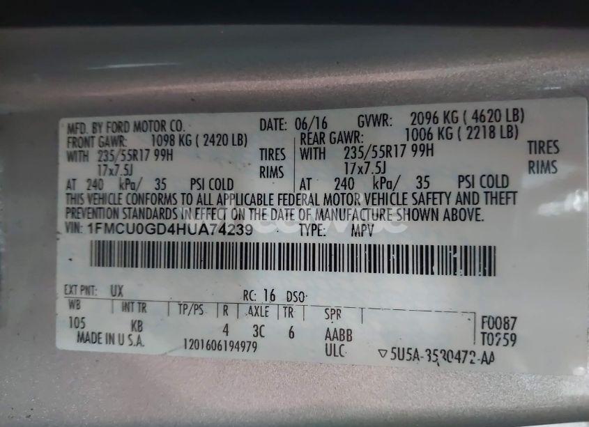 Photo 9 of 2017 Ford Escape SE (VIN 1FMCU0GD4HUA74239)