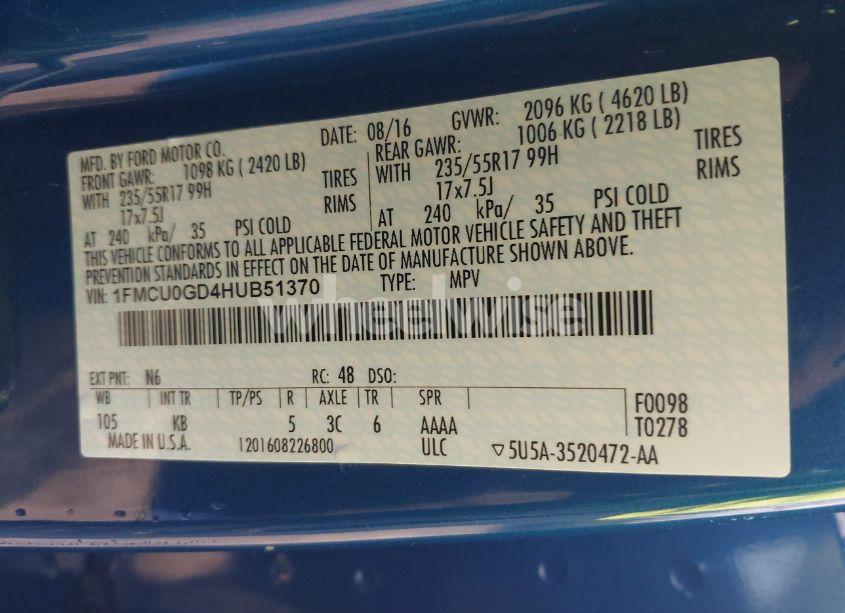 Photo 9 of 2017 Ford Escape SE (VIN 1FMCU0GD4HUB51370)