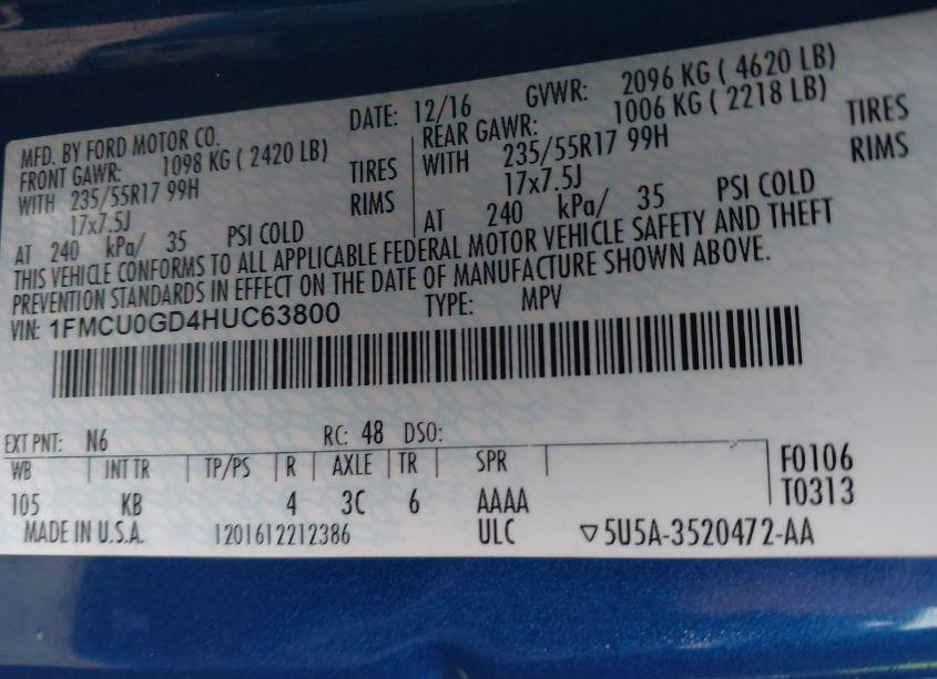 Photo 9 of 2017 Ford Escape SE (VIN 1FMCU0GD4HUC63800)