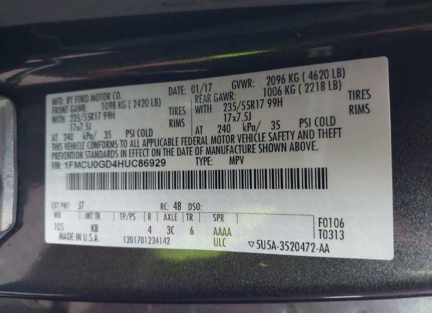 Photo 9 of 2017 Ford Escape SE (VIN 1FMCU0GD4HUC86929)