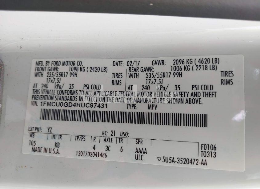 Photo 9 of 2017 Ford Escape SE (VIN 1FMCU0GD4HUC97431)