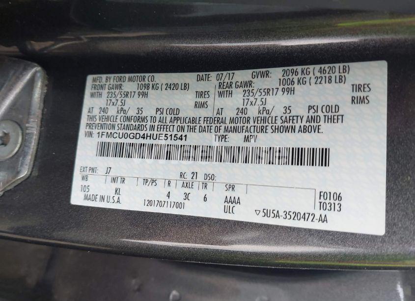 Photo 9 of 2017 Ford Escape SE (VIN 1FMCU0GD4HUE51541)