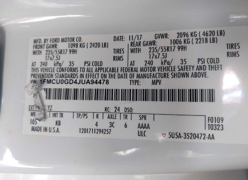 Photo 9 of 2018 Ford Escape SE (VIN 1FMCU0GD4JUA94478)