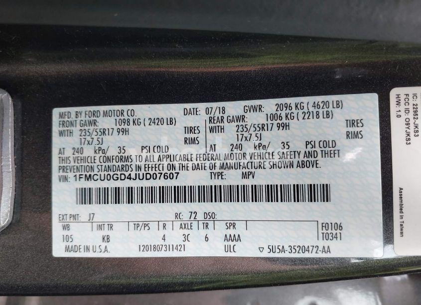 Photo 9 of 2018 Ford Escape SE (VIN 1FMCU0GD4JUD07607)