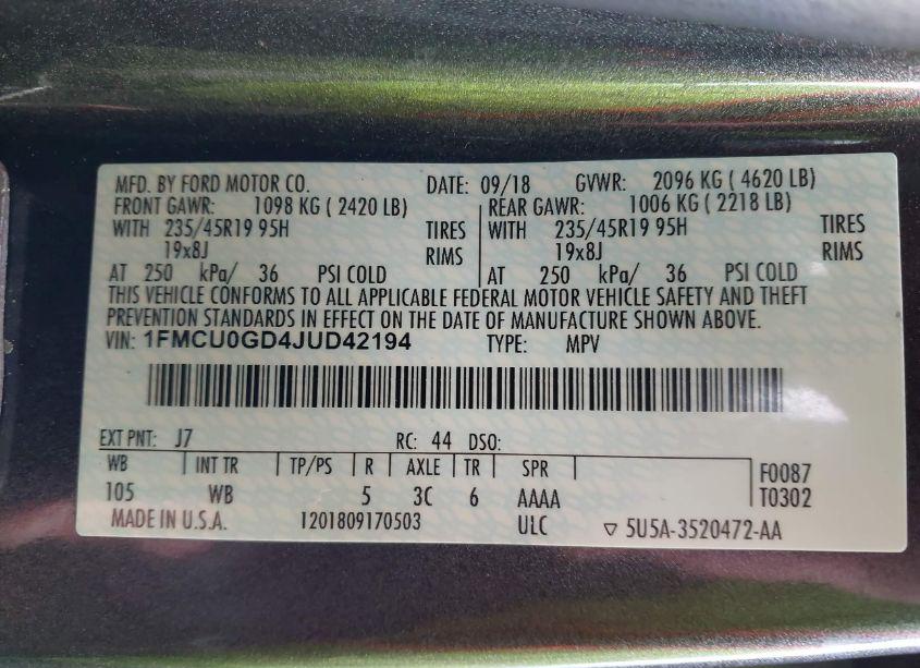 Photo 9 of 2018 Ford Escape SE (VIN 1FMCU0GD4JUD42194)