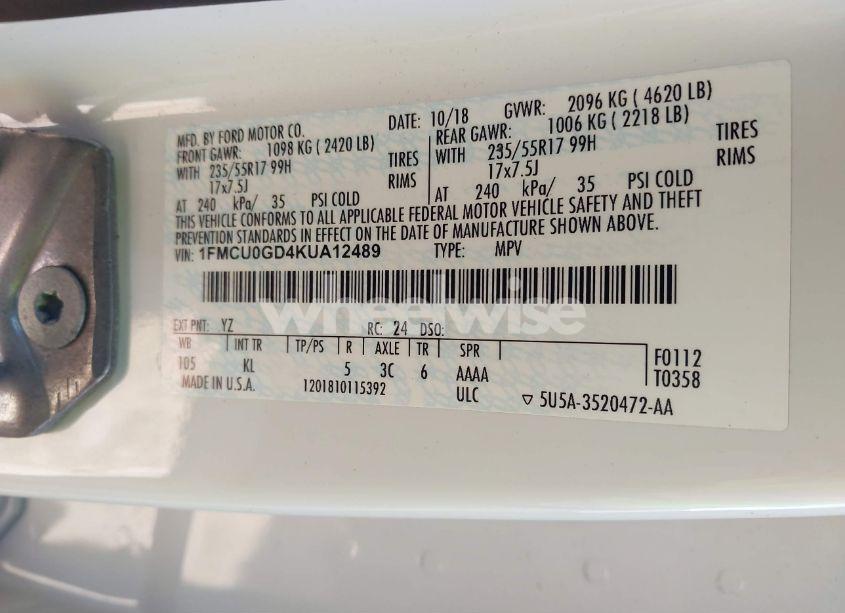 Photo 9 of 2019 Ford Escape SE (VIN 1FMCU0GD4KUA12489)