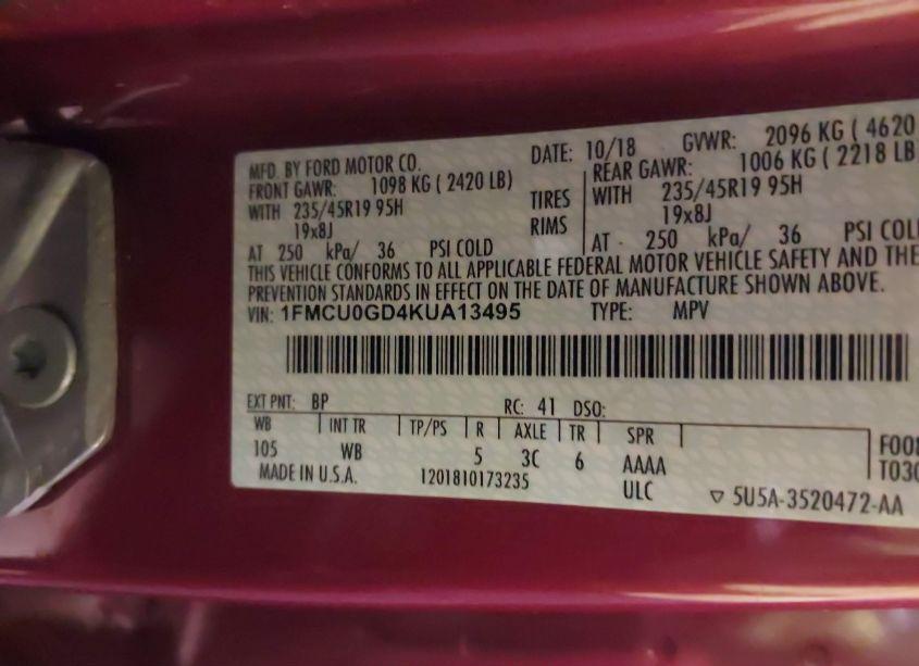 Photo 9 of 2019 Ford Escape SE (VIN 1FMCU0GD4KUA13495)