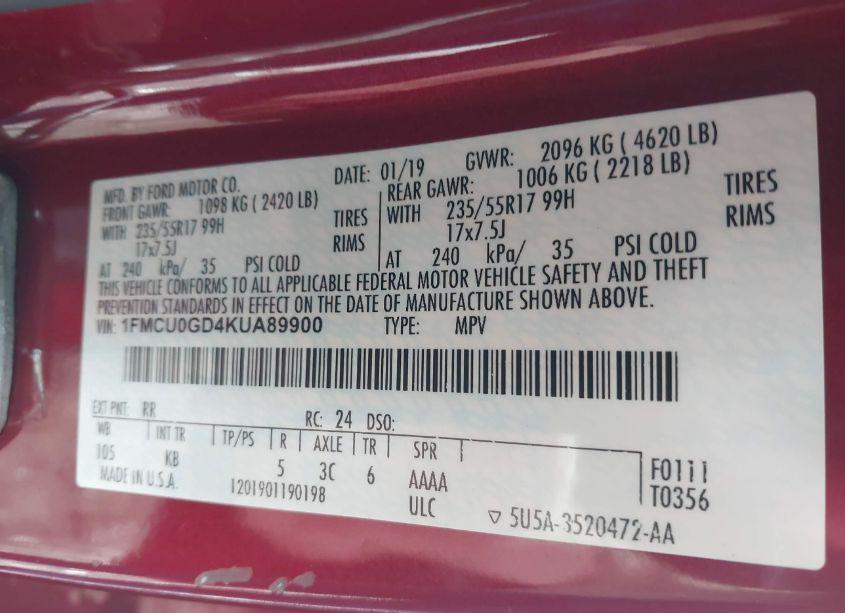 Photo 9 of 2019 Ford Escape SE (VIN 1FMCU0GD4KUA89900)