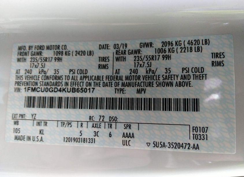 Photo 9 of 2019 Ford Escape SE (VIN 1FMCU0GD4KUB65017)