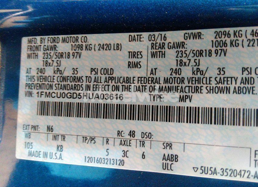 Photo 9 of 2017 Ford Escape SE (VIN 1FMCU0GD5HUA03616)