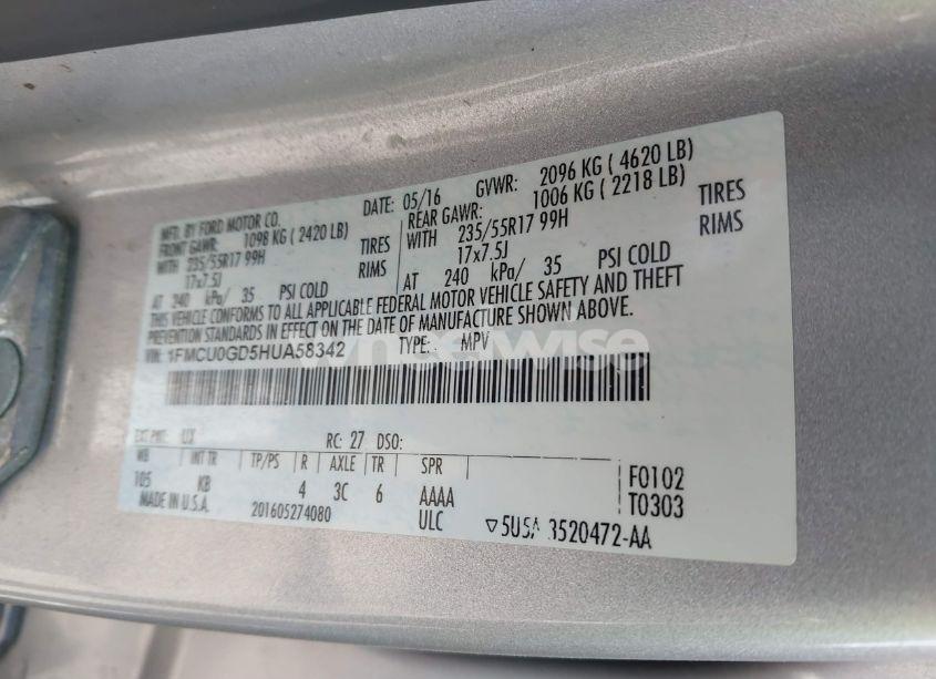 Photo 9 of 2017 Ford Escape SE (VIN 1FMCU0GD5HUA58342)