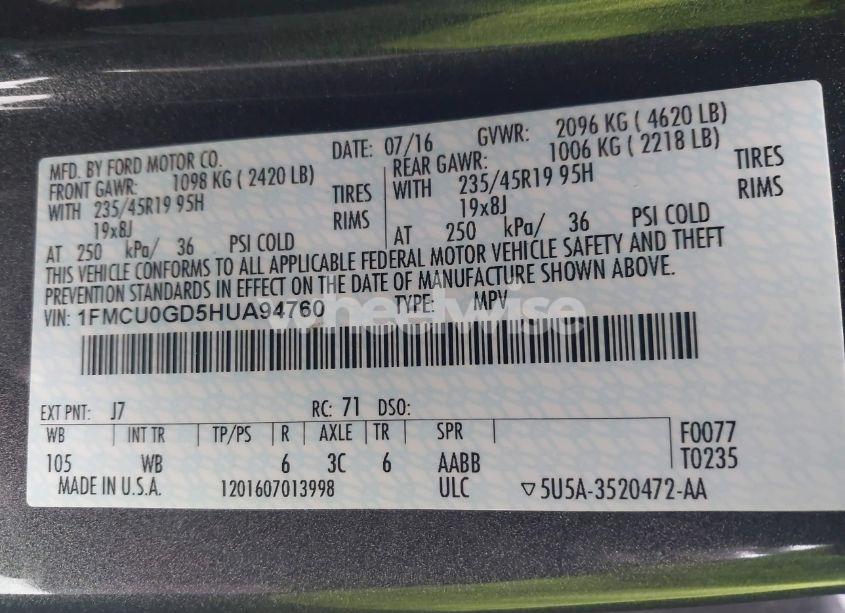 Photo 9 of 2017 Ford Escape SE (VIN 1FMCU0GD5HUA94760)