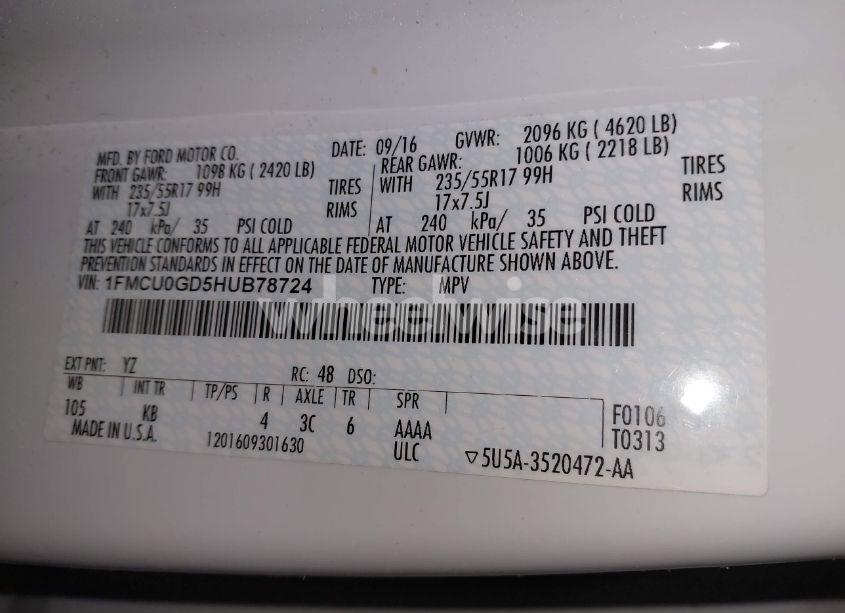 Photo 9 of 2017 Ford Escape SE (VIN 1FMCU0GD5HUB78724)