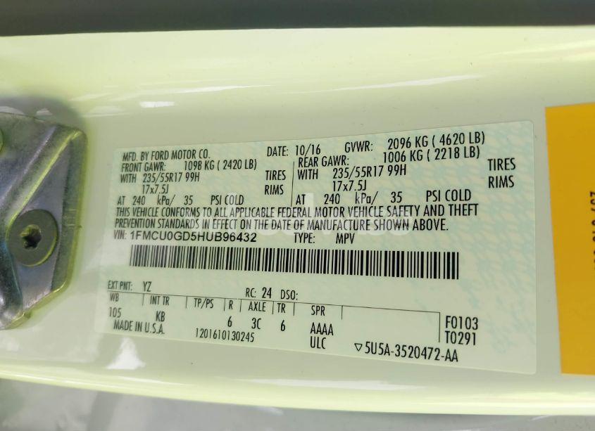 Photo 9 of 2017 Ford Escape SE (VIN 1FMCU0GD5HUB96432)