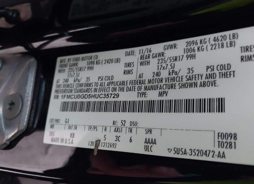 Photo 9 of 2017 Ford Escape SE (VIN 1FMCU0GD5HUC35729)