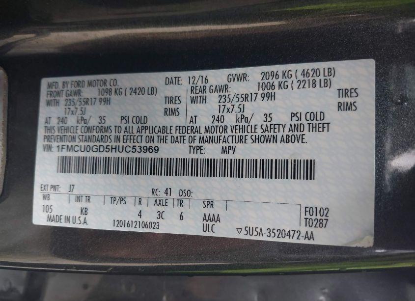 Photo 9 of 2017 Ford Escape SE (VIN 1FMCU0GD5HUC53969)