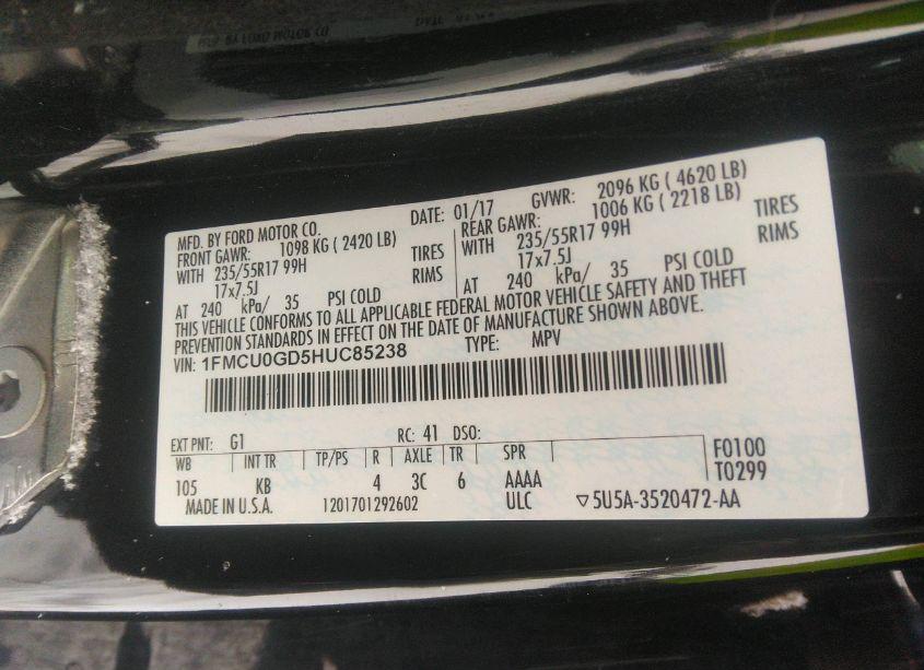 Photo 9 of 2017 Ford Escape SE (VIN 1FMCU0GD5HUC85238)