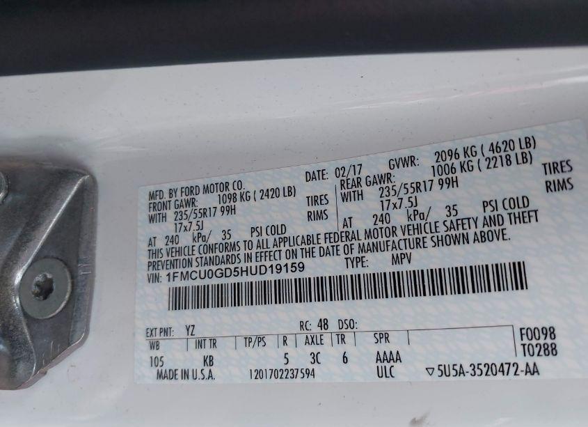 Photo 9 of 2017 Ford Escape SE (VIN 1FMCU0GD5HUD19159)