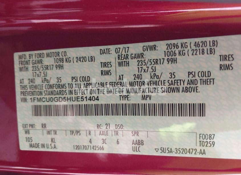 Photo 9 of 2017 Ford Escape SE (VIN 1FMCU0GD5HUE51404)