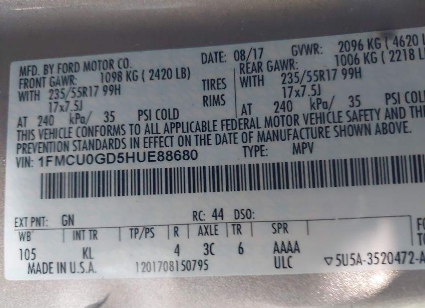 Photo 9 of 2017 Ford Escape SE (VIN 1FMCU0GD5HUE88680)