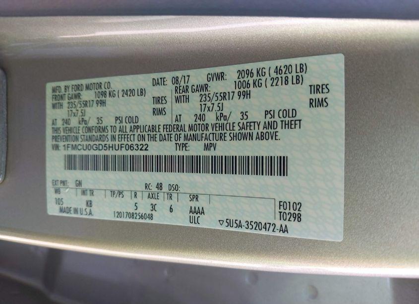 Photo 9 of 2017 Ford Escape SE (VIN 1FMCU0GD5HUF06322)