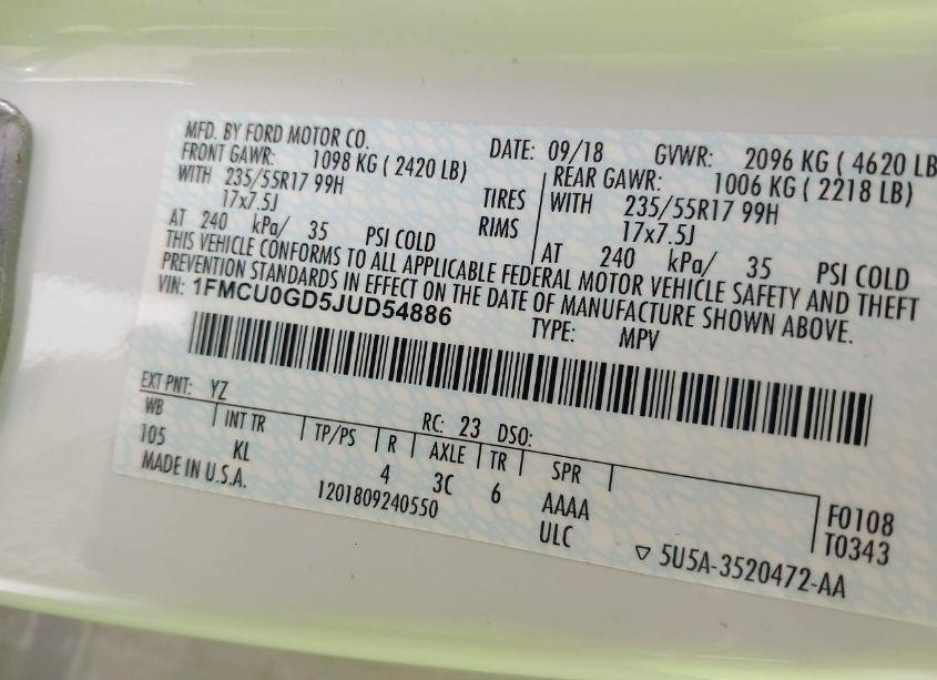 Photo 9 of 2018 Ford Escape SE (VIN 1FMCU0GD5JUD54886)