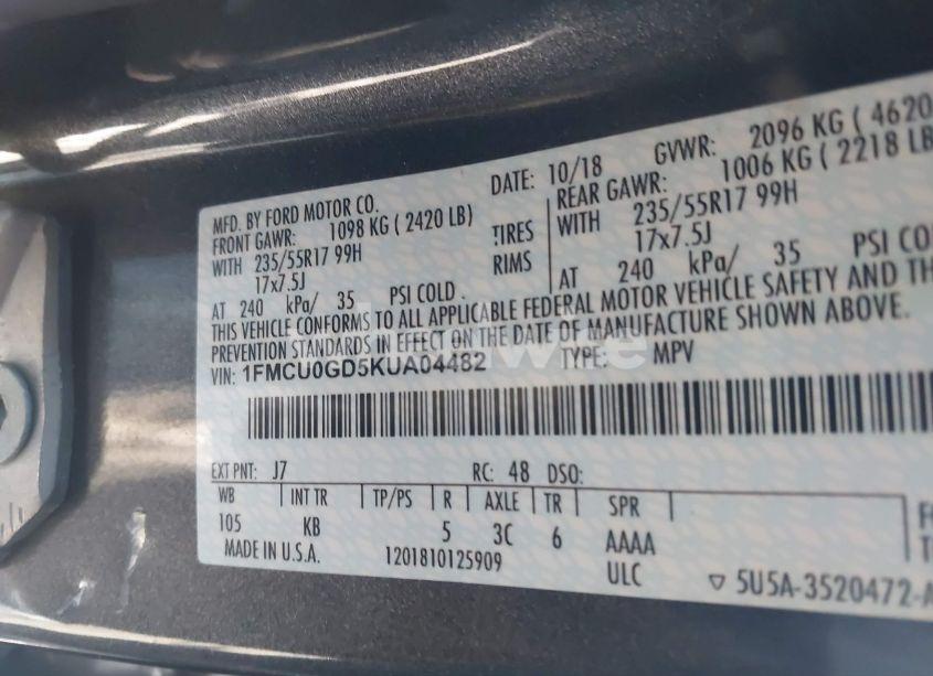 Photo 9 of 2019 Ford Escape SE (VIN 1FMCU0GD5KUA04482)