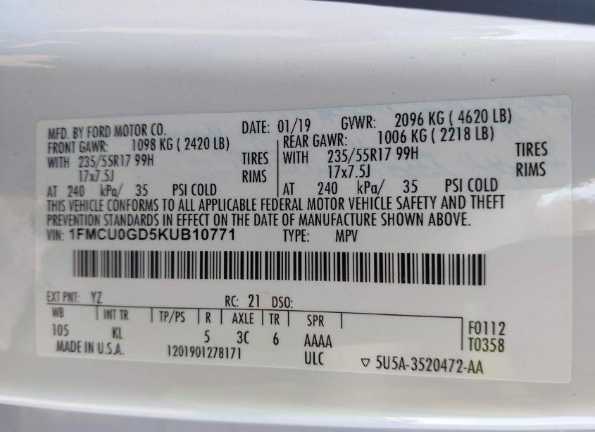 Photo 9 of 2019 Ford Escape SE (VIN 1FMCU0GD5KUB10771)