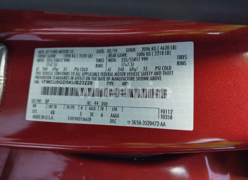 Photo 9 of 2019 Ford Escape SE (VIN 1FMCU0GD5KUB23228)