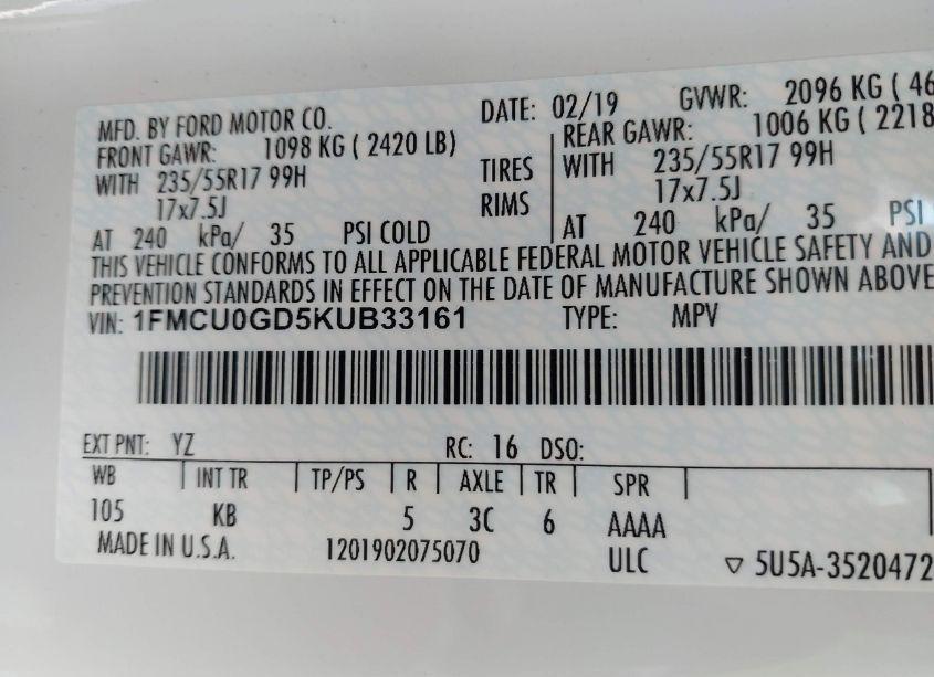 Photo 9 of 2019 Ford Escape SE (VIN 1FMCU0GD5KUB33161)