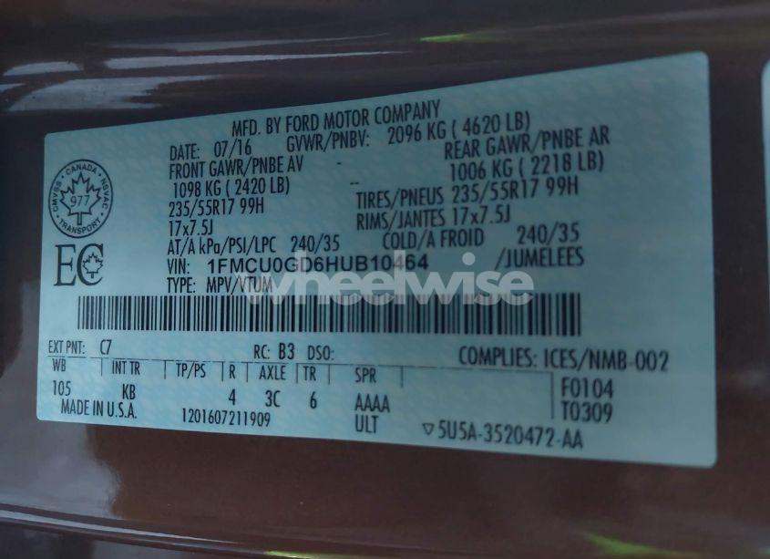 Photo 9 of 2017 Ford Escape SE (VIN 1FMCU0GD6HUB10464)