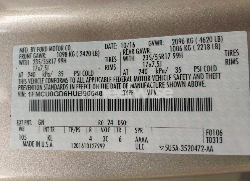 Photo 9 of 2017 Ford Escape SE (VIN 1FMCU0GD6HUB96648)