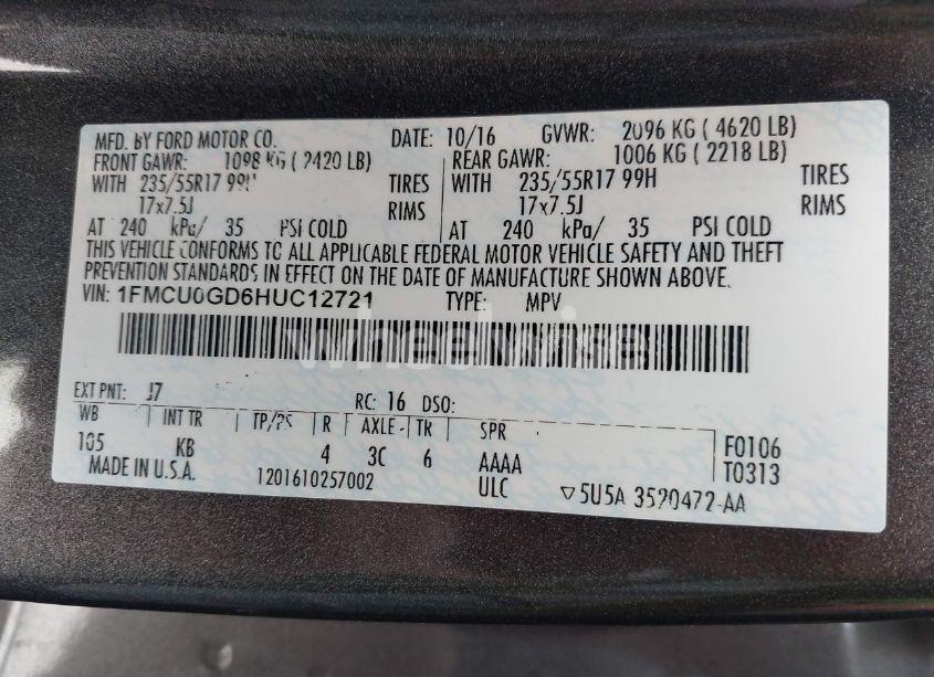 Photo 9 of 2017 Ford Escape SE (VIN 1FMCU0GD6HUC12721)