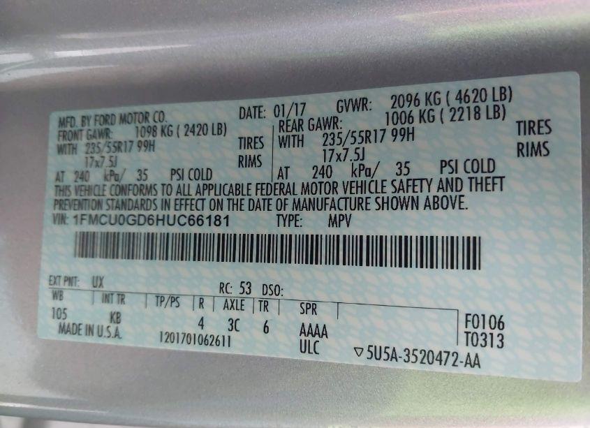 Photo 9 of 2017 Ford Escape SE (VIN 1FMCU0GD6HUC66181)