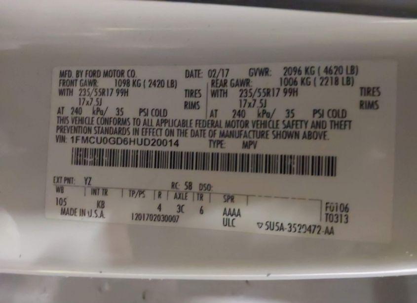 Photo 9 of 2017 Ford Escape SE (VIN 1FMCU0GD6HUD20014)